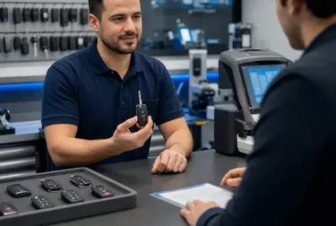 Profissional trabalhando em uma máquina de confecção de chaves codificadas.