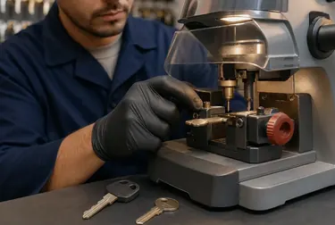 Um chaveiro copiando uma chave com uma máquina especializada.