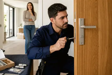 Um profissional instalando uma fechadura nova em uma porta.